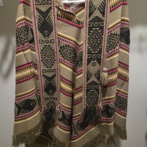 Boho Fringe Knit Poncho Sweater in Taupe with Pink & Black Pattern